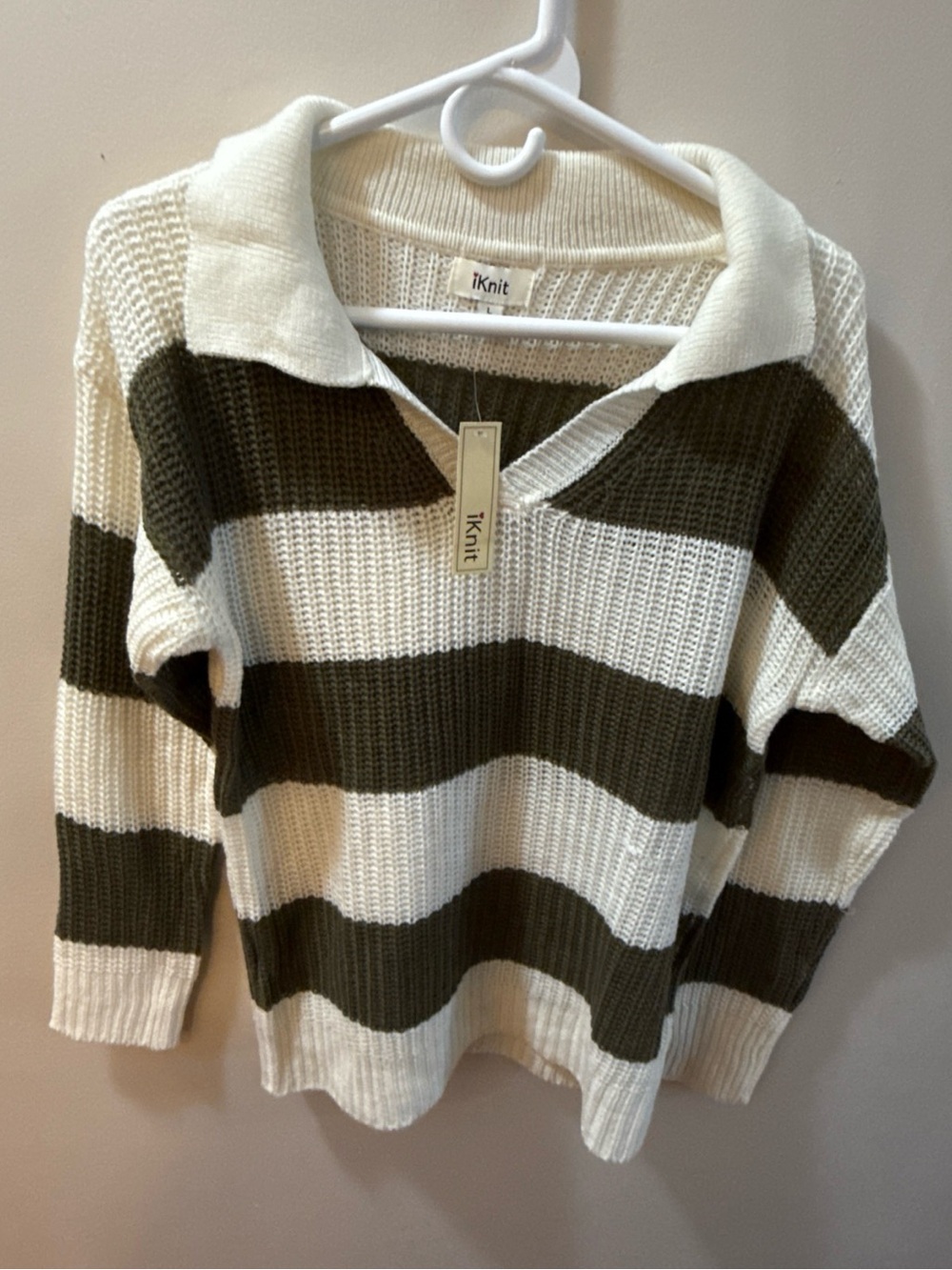 Striped V-Neck Collared Sweater in Cream and Olive